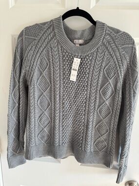 J. Crew Light Gray Cable Knit Crewneck Sweater